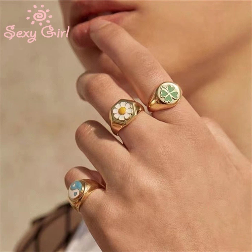 Creative Geometric Sweet Flower Ring Retro Multicolor Love Ring Fashion Index Finger Ring Accessories Female