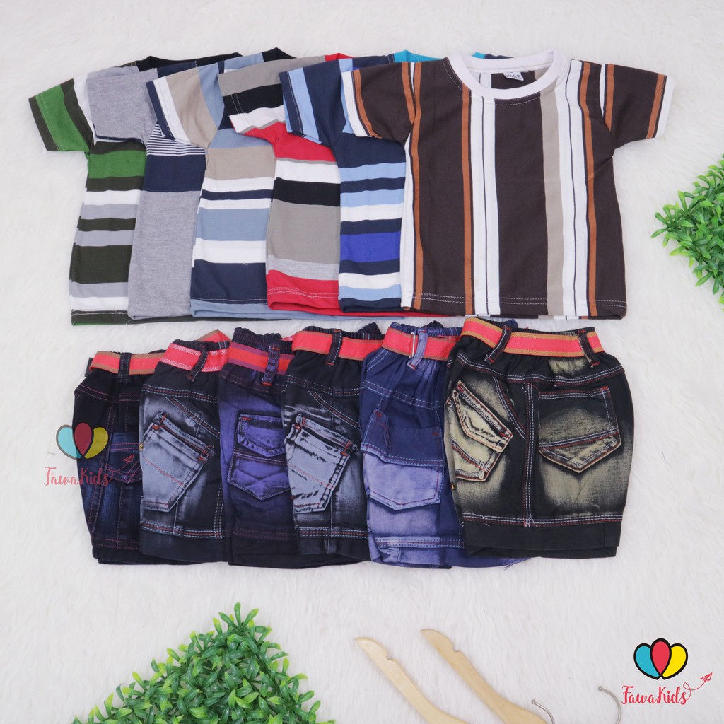 Setelan Salur Jeans uk 1-2 Tahun / Kaos Anak Murah Celana Jeans Anak Murah Setelan Anak Murah