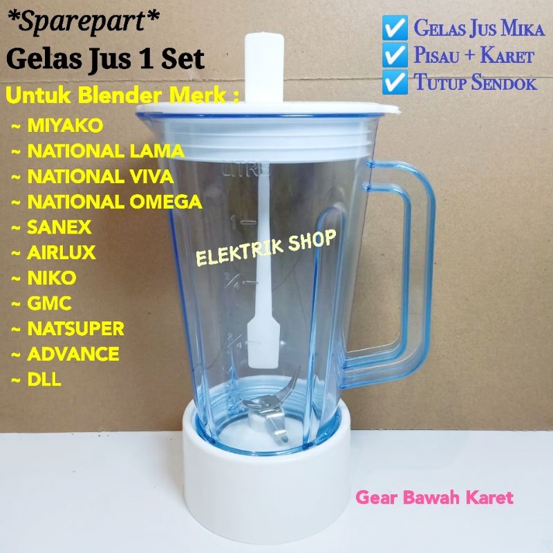 Gelas Jus Plastik + Pisau Mangkok Karet Seal + Tutup Sendok Untuk Blender Miyako National Sanex Airlux Kirin Gmc Niko Dll