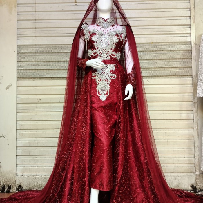 Baju Pengantin Wedding Dress Muslimah Jawa India gaun span pengantin - maroon 2, All Size