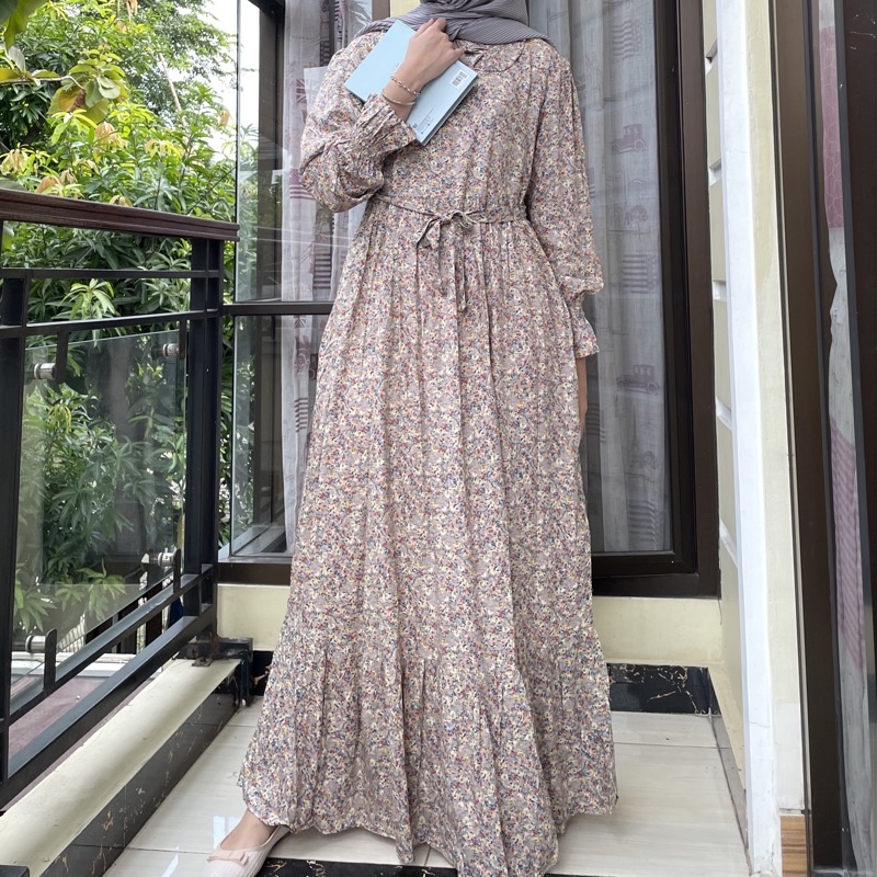 [SIZE STANDAR VOL 1] Floral dress maxi dress panjang gaun casual bunga wanita-Wheat