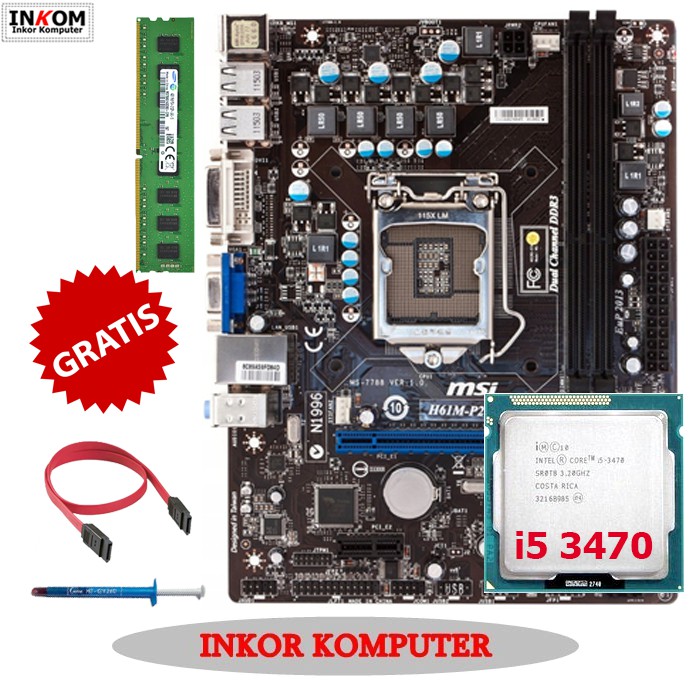 Motherboard Mainboard Mobo H61 LGA 1155 MSI + i5 3470 + Ram