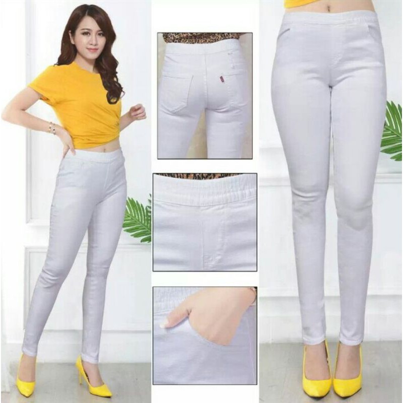 Celana Jegging Jeans Skinny Wanita Pinggang Karet Warna Putih Polos