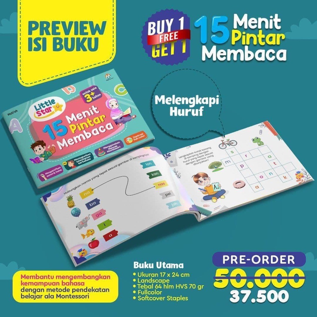 Buku 15 Menit Pintar Membaca [Little Star] - Bonus Buku Menulis dan Berhitung - Original Full Color