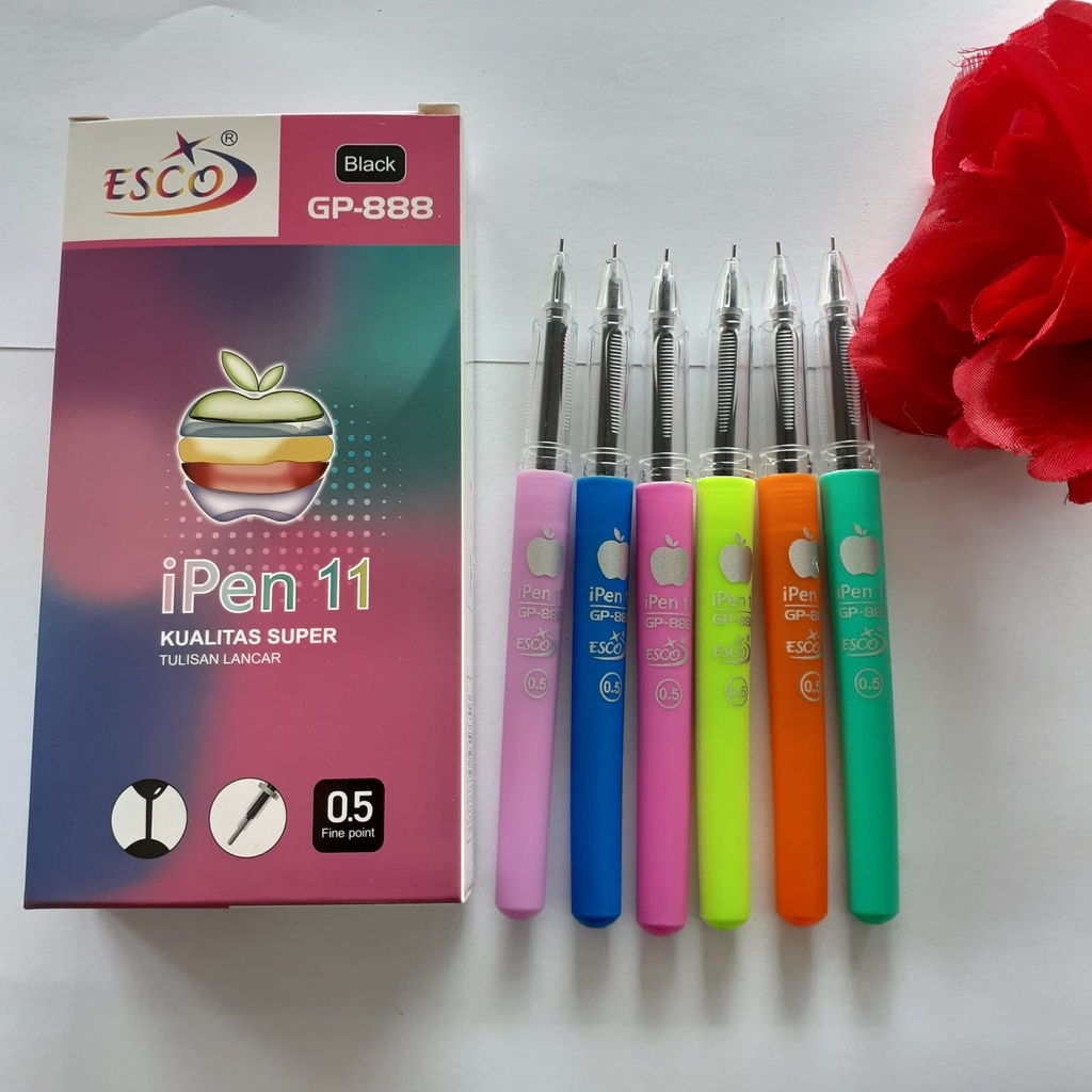 

[HEMAT ONGKIR] 1 pack 12 pcs pulpen iPhen 11 Esco GP-888 rainbow bolpoin iPhen 11 kualitas super pulpen tinta hitam murah harga grosir