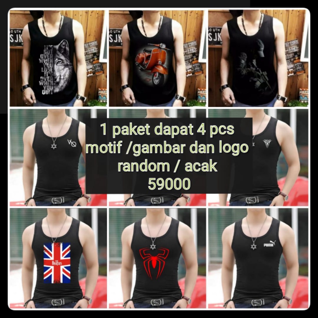 1 PAKET DAPAT 4 KAOS SINGLET /motif  RANDOM /BISA  COD