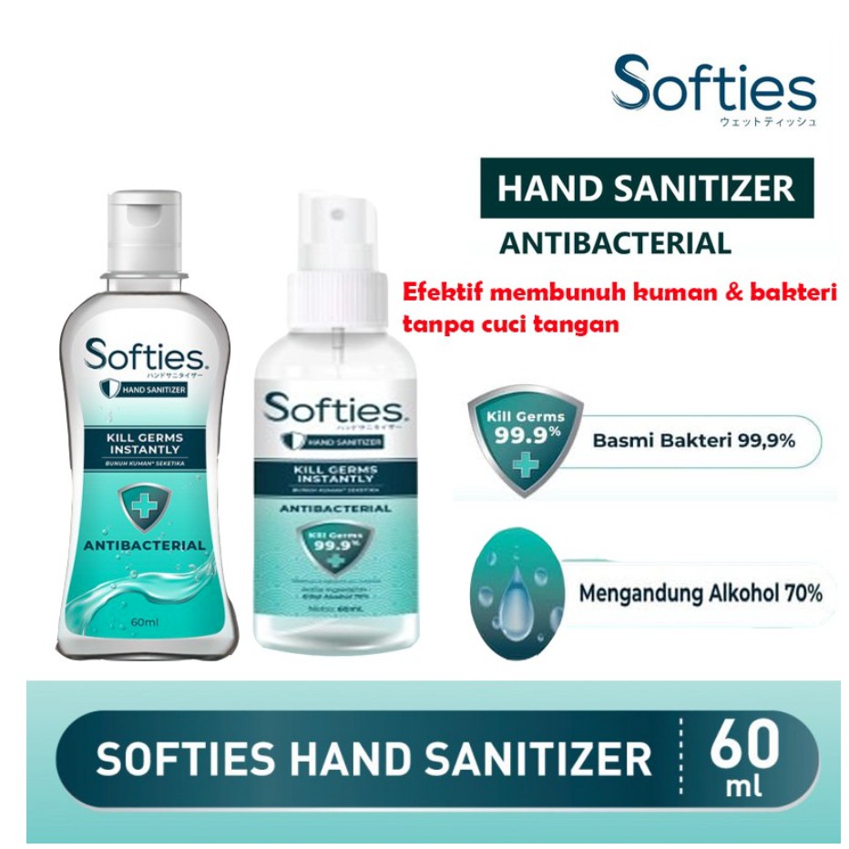SOFTIES HAND SANITIZER SPRAY/ GEL 60 ml (Alkohol 70%) Original