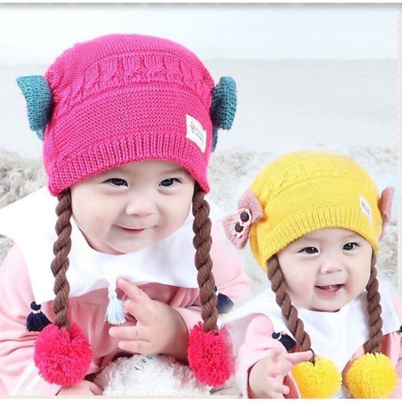 Topi kupluk rambut kepang motif pita/Baby hat wig/topi bayi rambut |Fashion