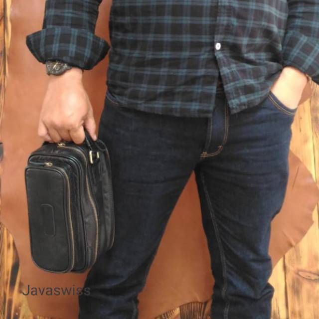 limited tas tangan pria kulit asli motif kulit jeruk hitam polos - toileters