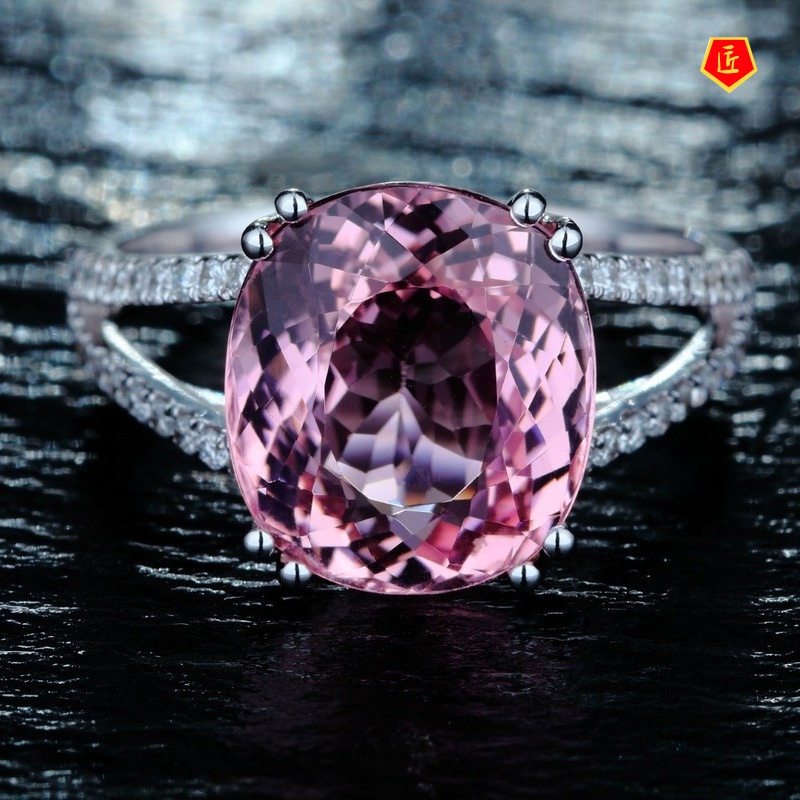 [Ready Stock]Fashion Inlaid Pink Diamond Tourmaline Ring Elegant Graceful