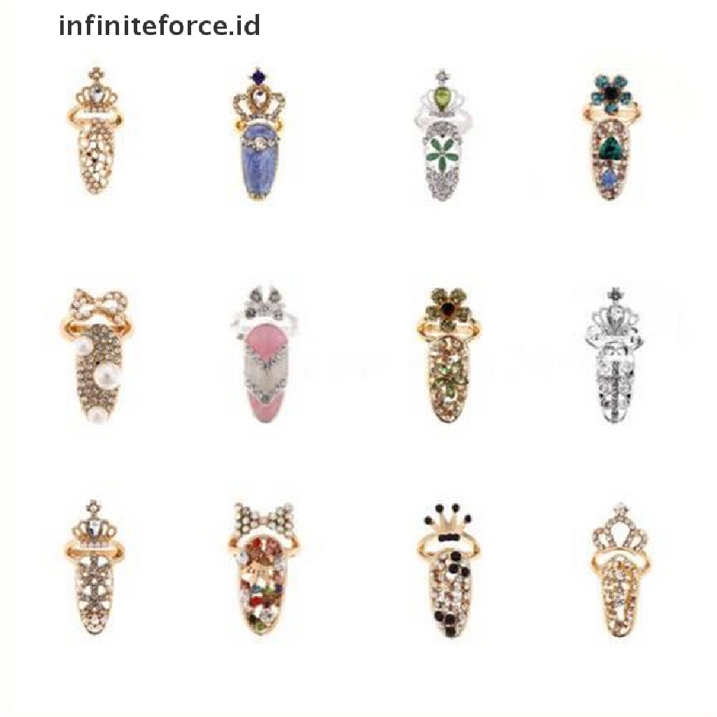 Infiniteforce.id Cincin Kuku Motif Mahkota + Bunga Aksen Kristal Untuk Perhiasan Wanita