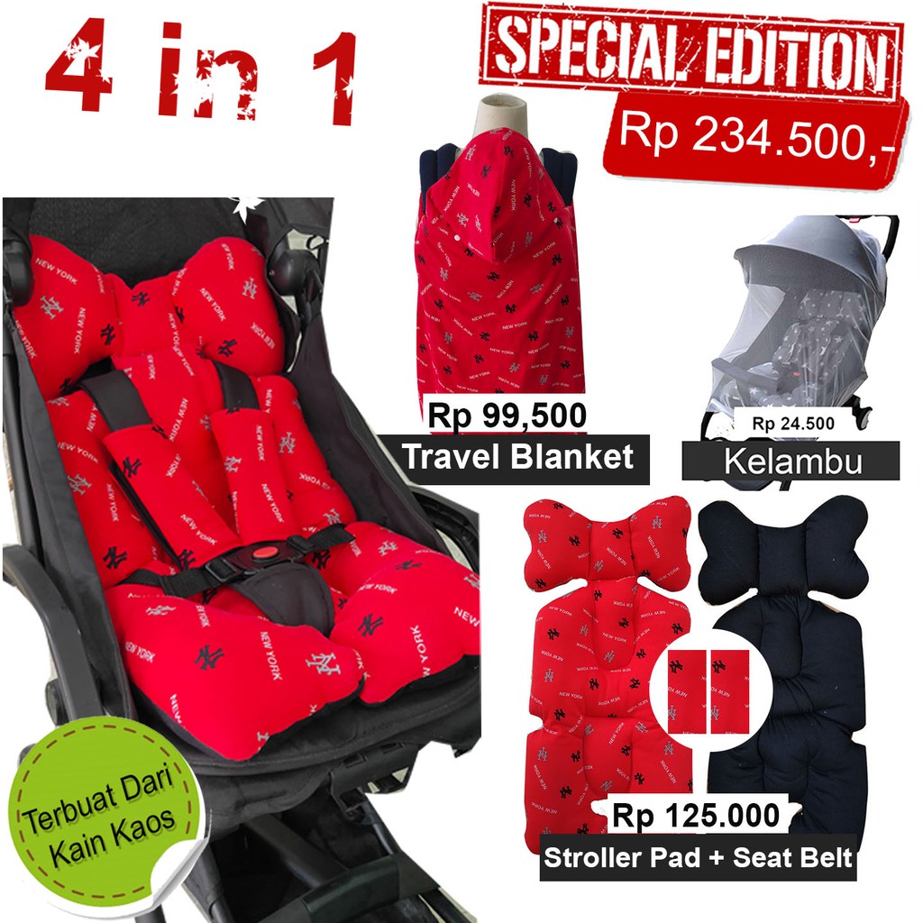 4 in 1 SET Alas Stroler + Seat belt pad + Travel Cover + Kelambu Stroller bahan kaos  katun jepang