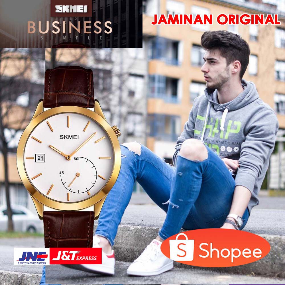 ORIGINAL SKMEI Jam Tangan Analog Pria Strap Kulit - 1581 [Gold Coklat]