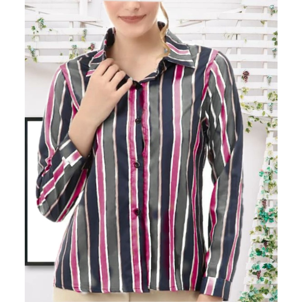 kemeja panjang wanita salur tricolor (salur 3 warna)