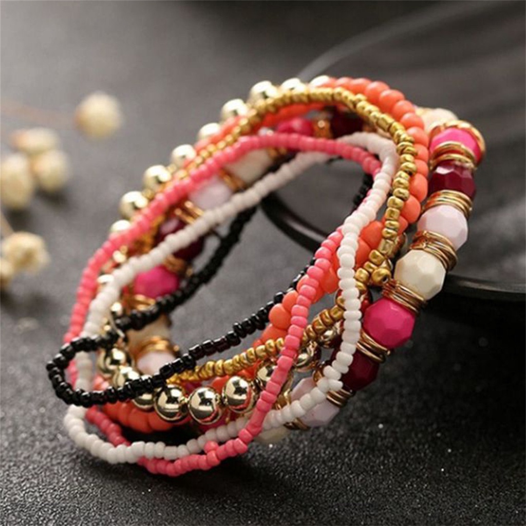 Hu Hu Hu Hu Hu Alat Bantu Pasang Kacamata♡ 7pcs / Set Gelang Manik-Manik Multilayer Elastis Gaya Bohemian Untuk Wanita