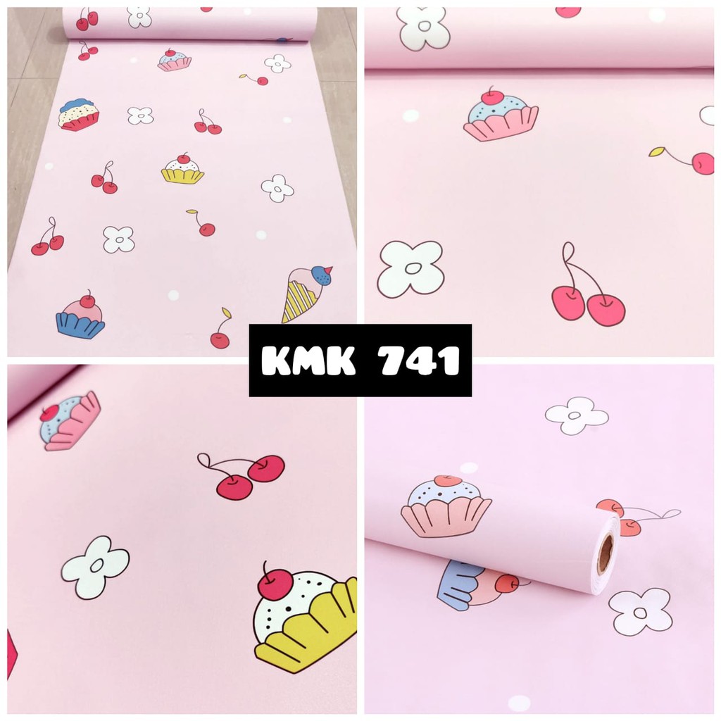 WALLPAPER WALPAPER KMK 741 STICKER DINDING KARTUN KARAKTER CUPCAKES CHERRY PINK KAMAR ANAK