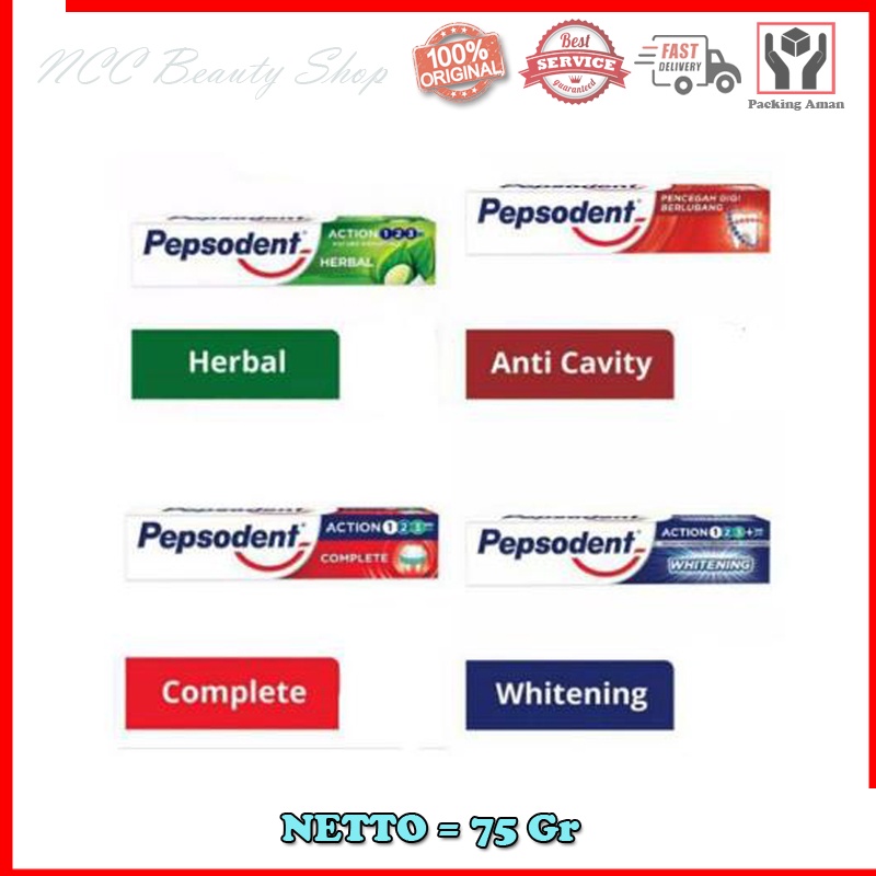 * NCC * PEPSODENT Pasta Gigi White Pencegah Gigi Berlubang Toothpaste Herbal Action 123  - Netto 75 gr