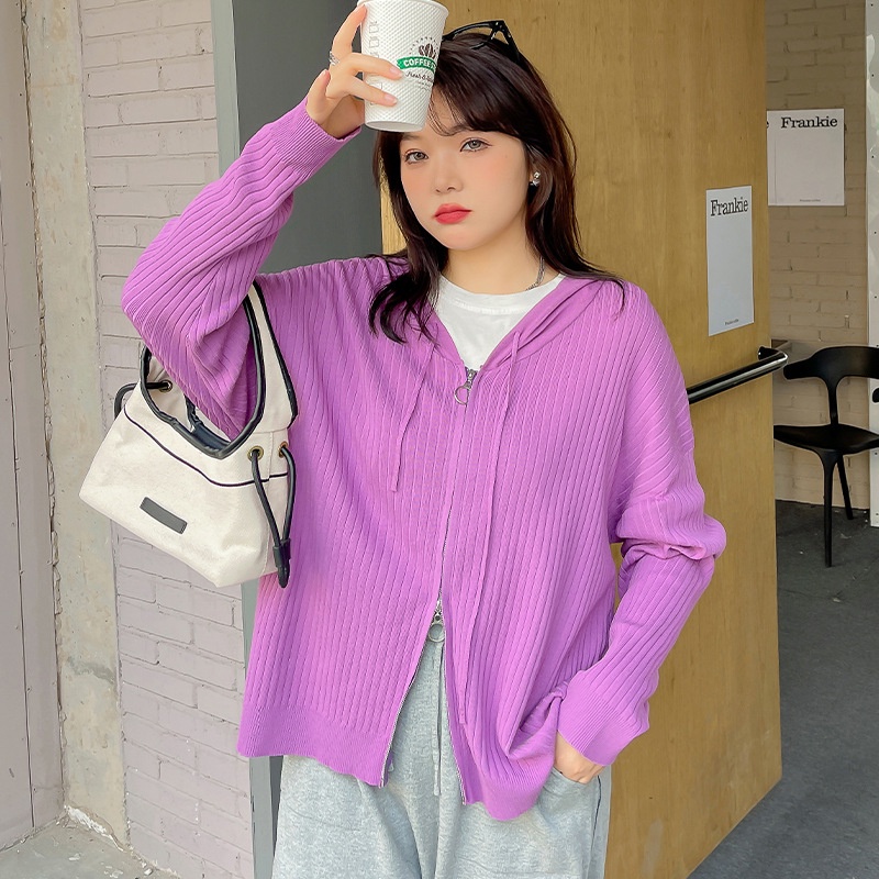 #Sisjuly# Plus Ukuran Wanita Korea Style Hooded Cardigan Rajut2022Musim Semi Baru LemakmmLonggar Lengan Panjan