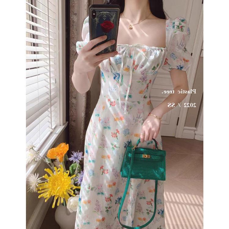 LADYSHOP [COD] D242 summer new French retro waist slim temperament niche design floral square neck dress trendy