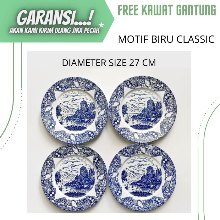 PIRING MAKAN KERAMIK SET HIASAN PAJANGAN DINDING WALL DECOR WARNA BIRU MOTIF CLASSIC SIZE 27 CM