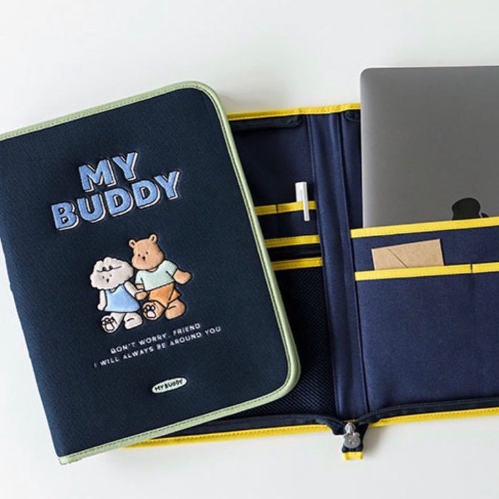 Sleeve Pouch Sarung Tas Bag Case Ipad Tab Tablet Macbook Air Pro Laptop Asus Acer Lenovo HP Huawei 11 12 13 14 15 inch Motif Gambar Kartun Bear Beruang Poodle Warna Biru Navy Putih White Cute Murah Korean Model Kanvas Canvas Waterproof Air Slot Stationary