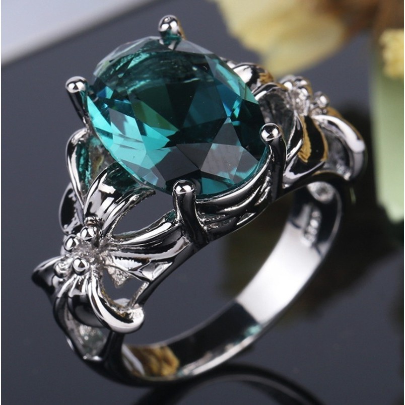 Cincin Tunangan / Kawin Model Bunga Krisan Aquamarine Warna Silver untuk Wanita