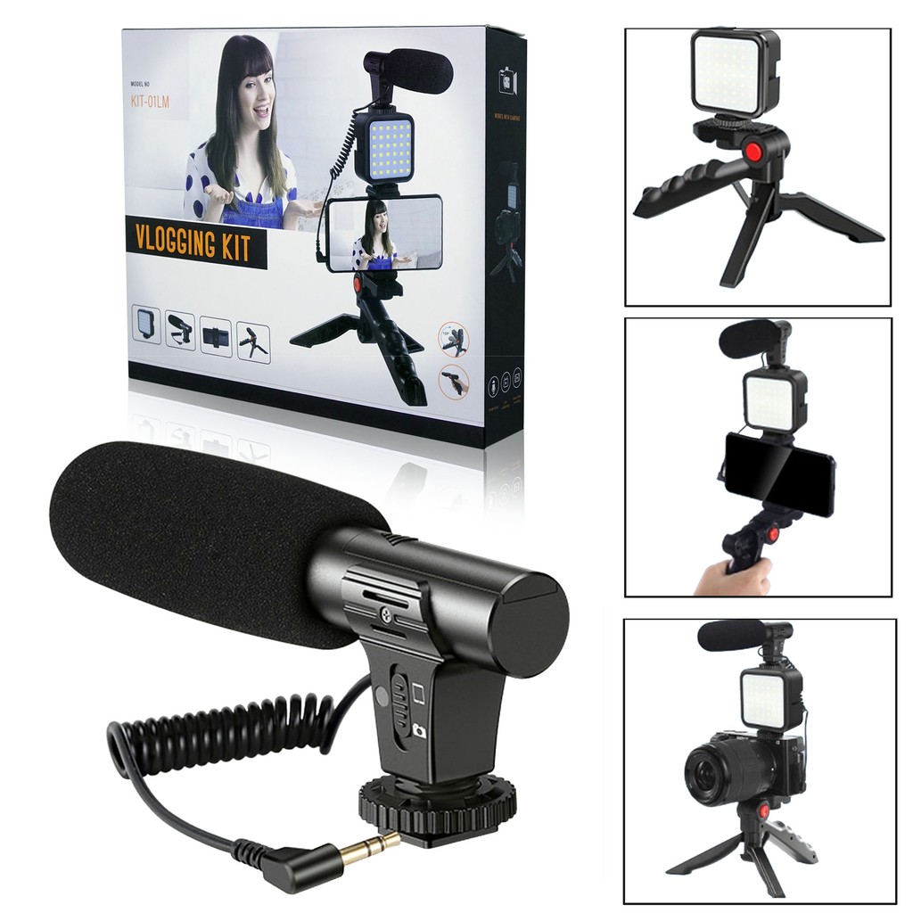 Vlogging KIT Paket Vlog 5 Item LED Video Light Phone Holder Tripod Microphone Remote Shutter KIT01