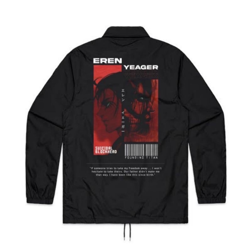 JAKET COACH EREN YAEGER - FOUNDING TITAN | ATTACK ON TITAN COACH JAKET WINDBREAKER PARASUT HITAM
