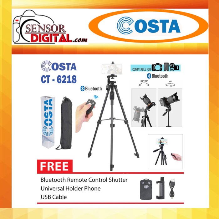 Costa Ct-6218 Tripod Kamera Remote Bluetooth Wireless + Holder Hp