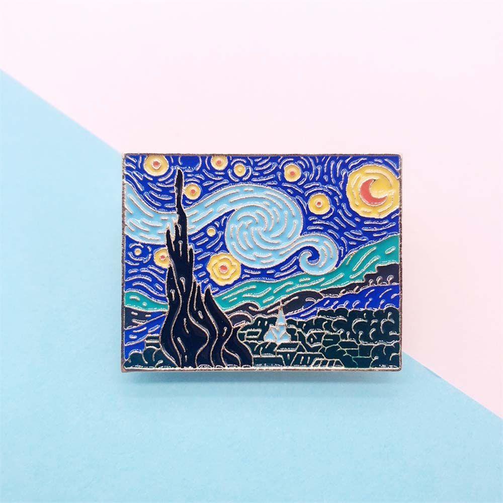 Mxbeauty Langit Berbintang Bros Sunset Gunung Desa Hadiah Untuk Wanita Pria Perhiasan Aksesoris Lukisan Minyak Van Gogh Van Gogh's Masterpiece Lukisan Lencana Pin Enamel Hewan Pin