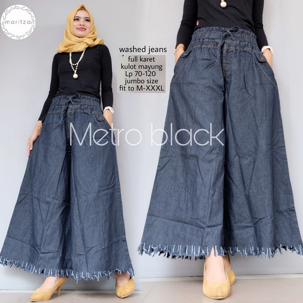  celana  wanita kulot  panjang rawis  denim  hitam metro black 