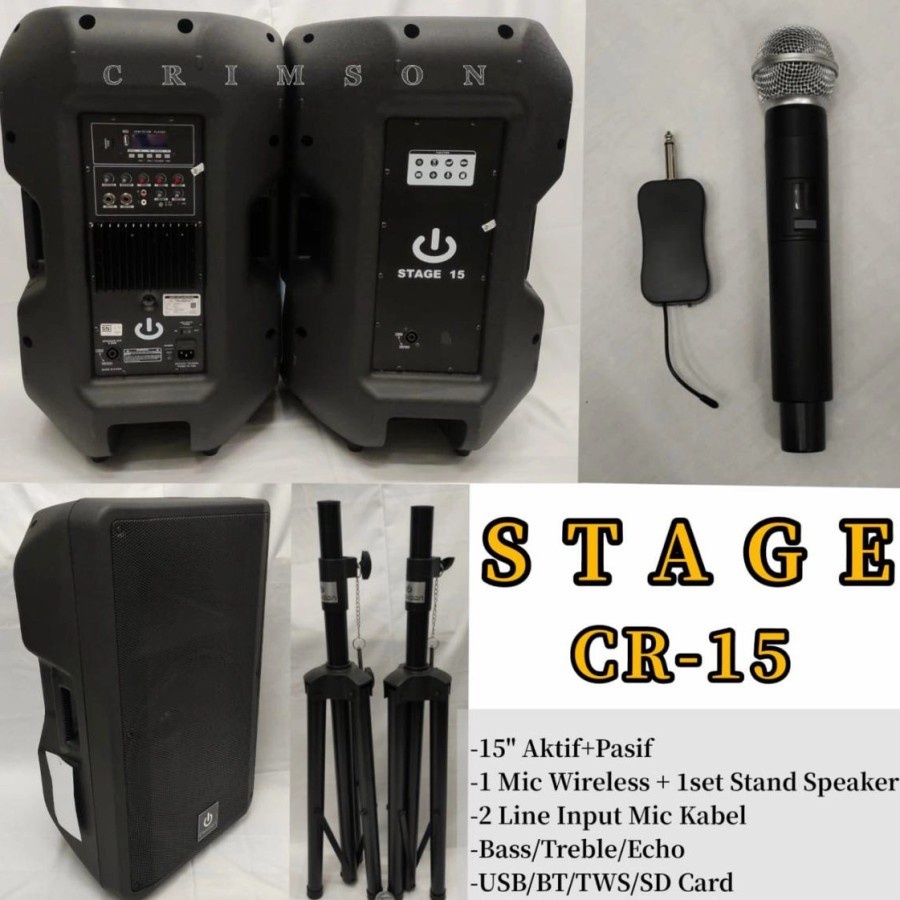 SPEAKER AKTIF PASIF CRIMSON CR 15 Inch STAGE 300 watt + Mic Wireless