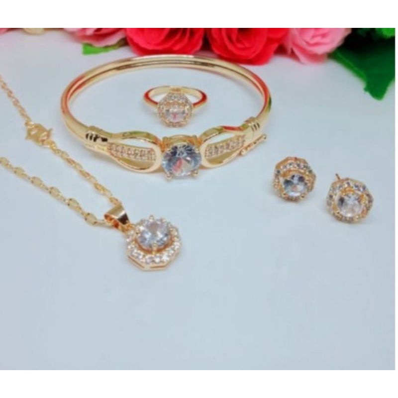 Set perhiasan titanium dewasa motif mata satu diamond putih elegan mewah lapis emas 24 k termurah anti karat