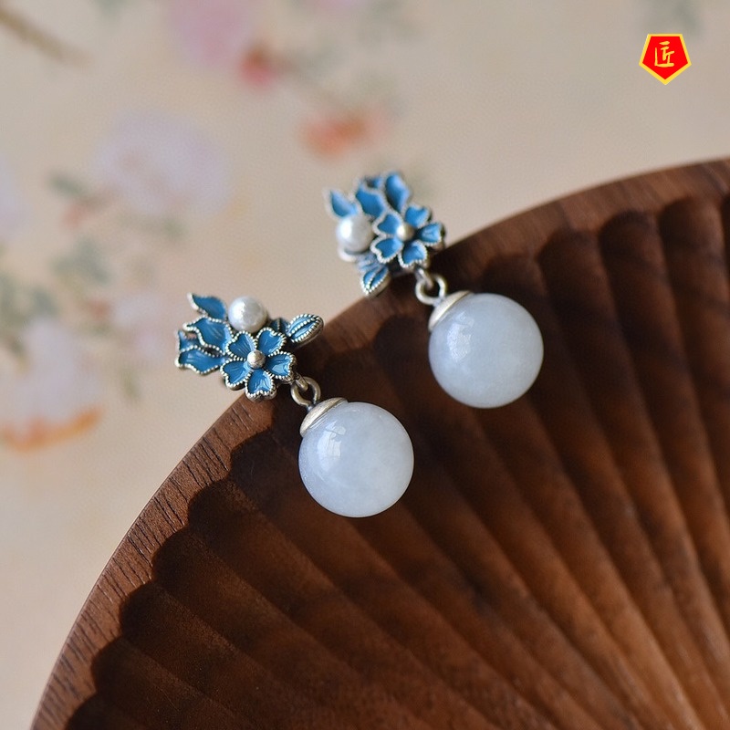 [Ready Stock]Vintage Natural Hetian Jade Earrings Flower Necklace Set