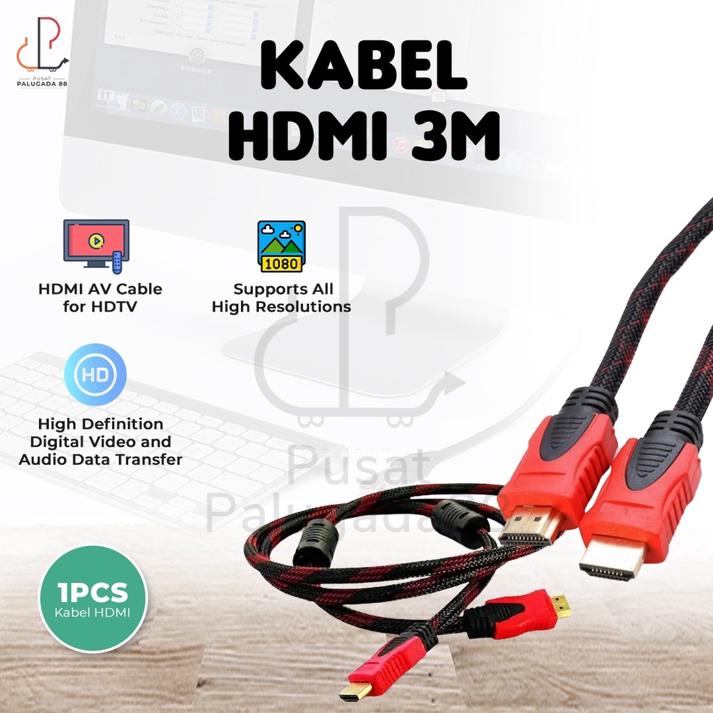 Kabel HDMI 3 M 3 meter Laptop ke TV CCTV Nylon Serat Jaring PS 3 4 to HDMI 3D 1080P V1.4 Male Cowok