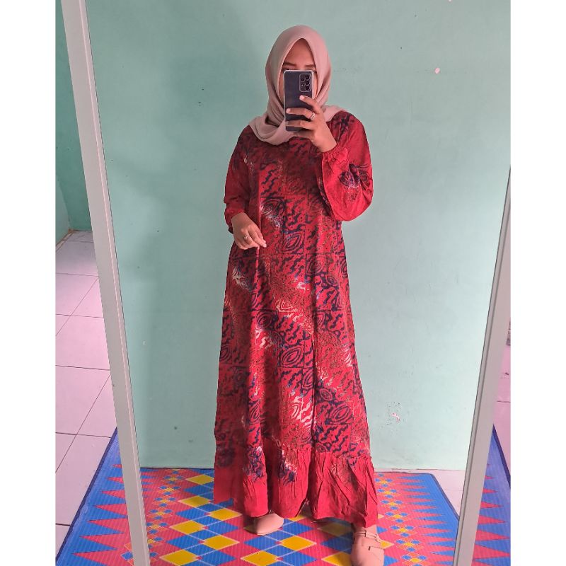 Daster batik cap lengan panjang longdress rempel susun