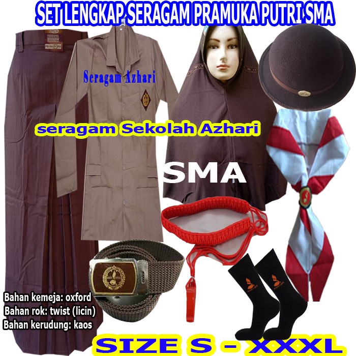 Set Lengkap Seragam Pramuka SMA Perempuan Rok Sepan+Jilbab Coklat SMA+Topi Boni+Hasduk Pramuka 150 c