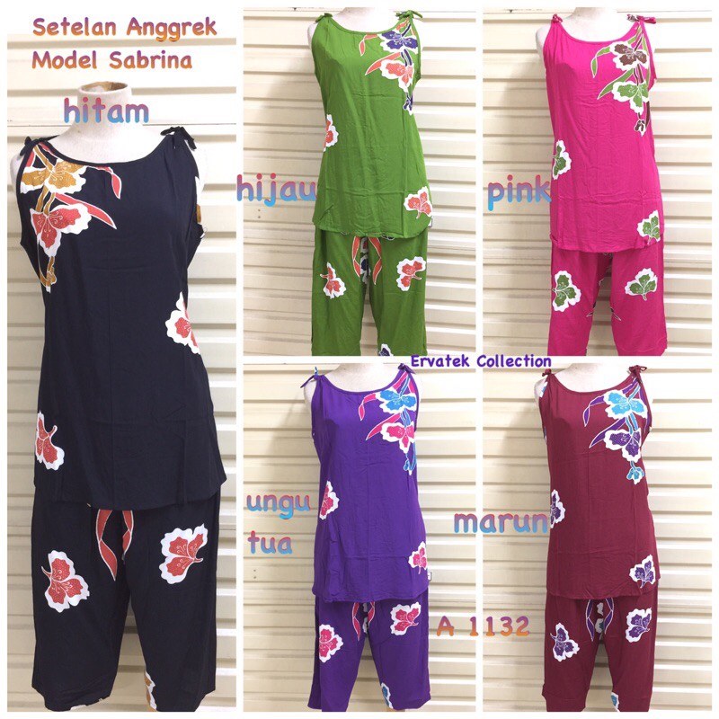 SETELAN PIYAMA ANGGREK A 1132 Model Sabrina / Baju Tidur Daster Batik Katun Halus Tangan Buntung