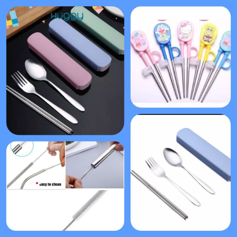 sendok garpu stainless set plus sumpit anak & sedotan stainless / sendok garpu set stainless