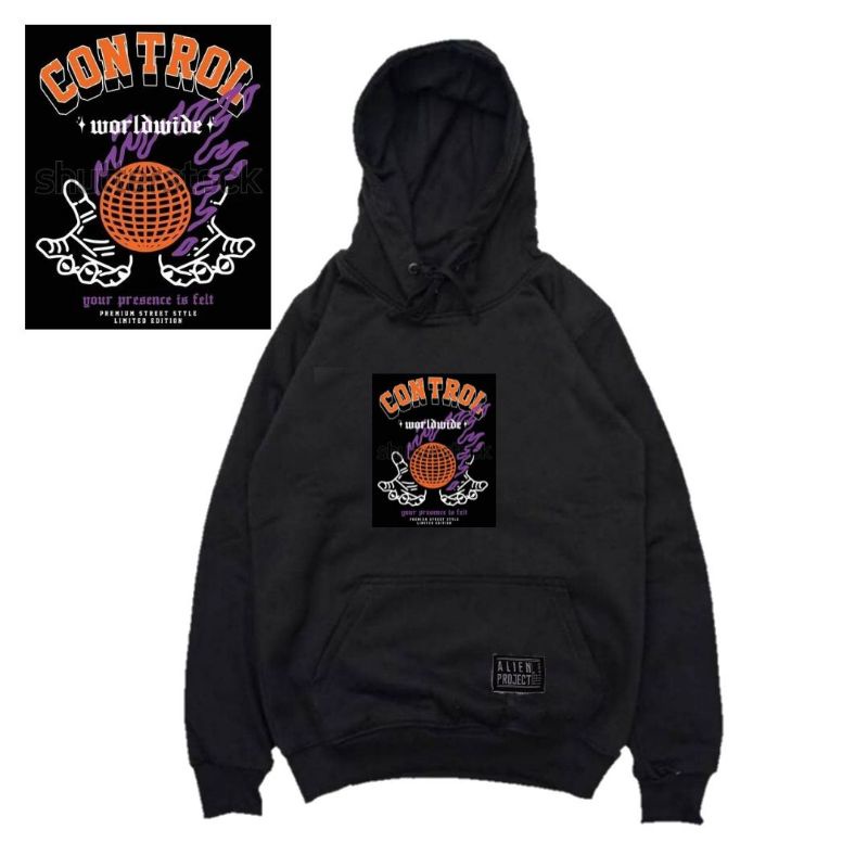 Hoodie black pria control motif hitam