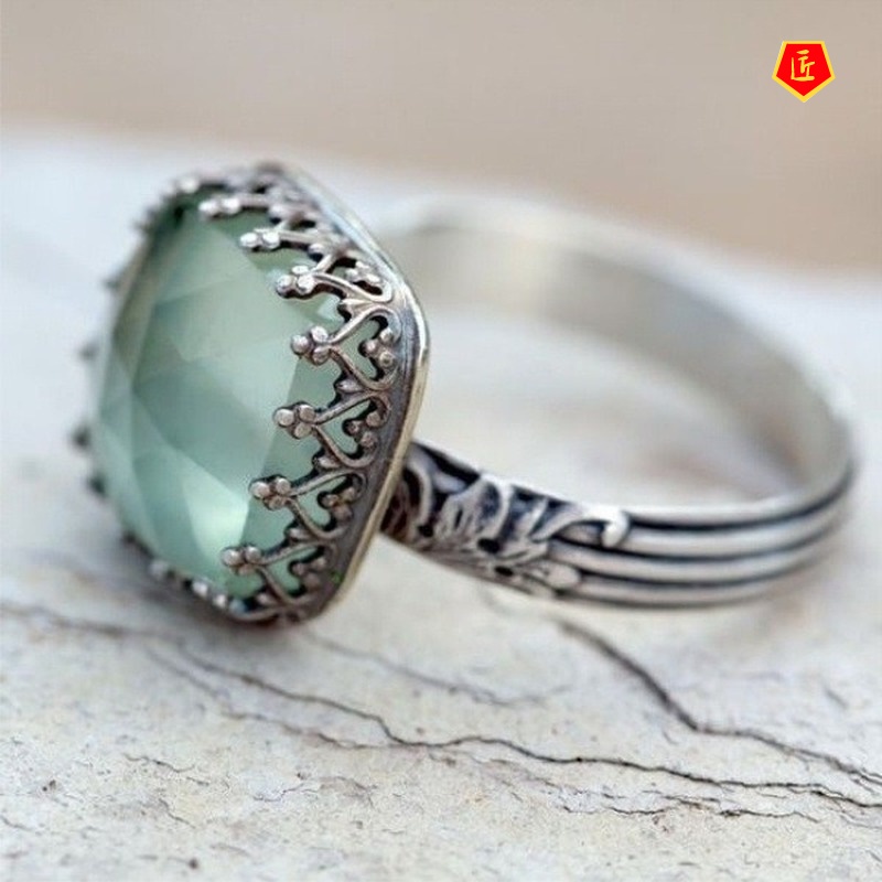 [Ready Stock]Mint Green Moonstone Square Diamond Ring Women's Vintage Silver