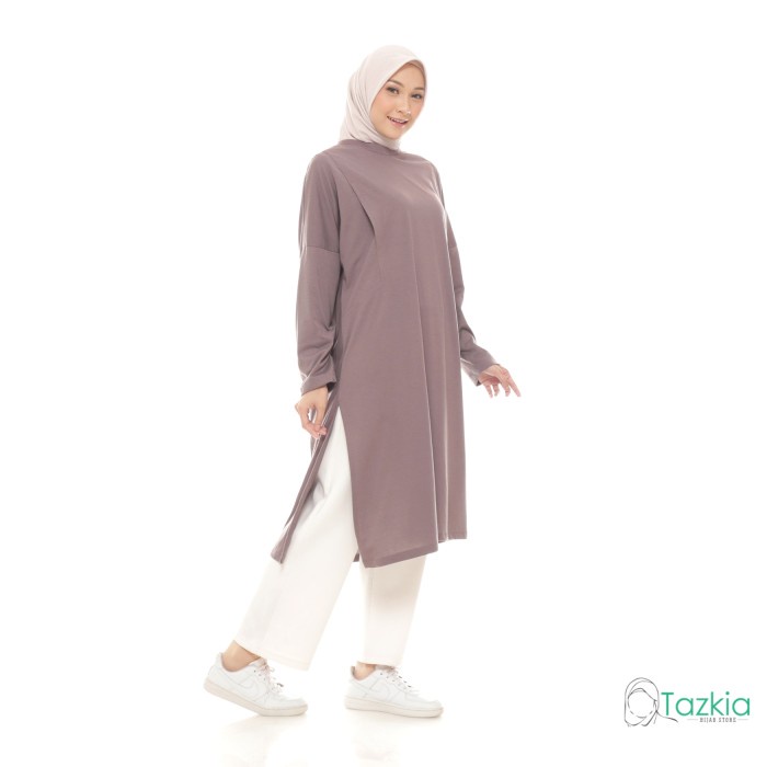 Atasan Muslim Wanita | Slit Midi Dress Stone | Oversize Tunik Kaos(Y6H2) DAILY DRESS OUTFIT - DAILY 