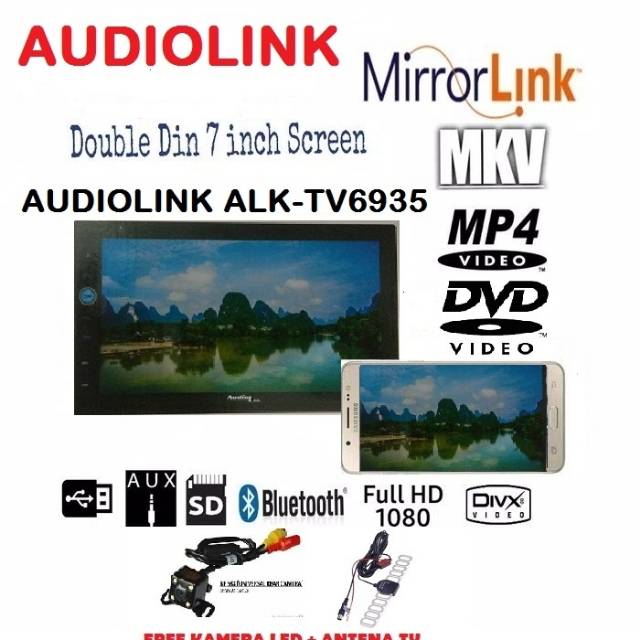 HEAD UNIT TAPE TV MOBIL DOUBLE DIN DVD MERK AUDIOLINK MIRROLINK FULL HD MP4 +KAMERA+ANTENA