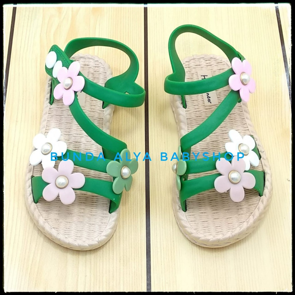 Sendal Anak Perempuan IMPORT Usia 4 5 6 Tahun Bunga HIJAU - Sepatu Sandal Anak Cewek Tali Bunga Elastis Anti Licin Alas Karet