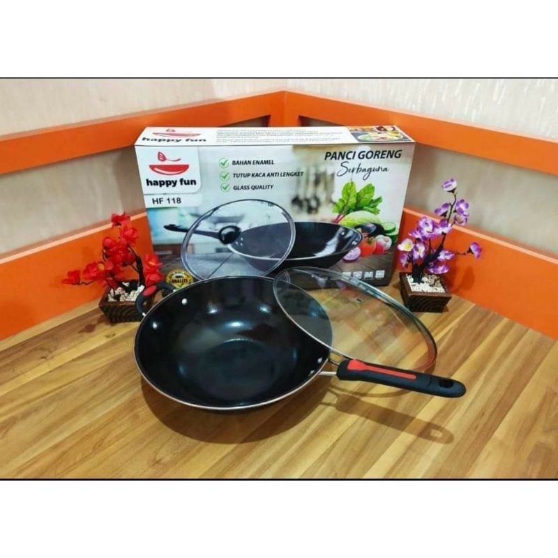 Panci penggorengan serbaguna tutup kaca happy fun