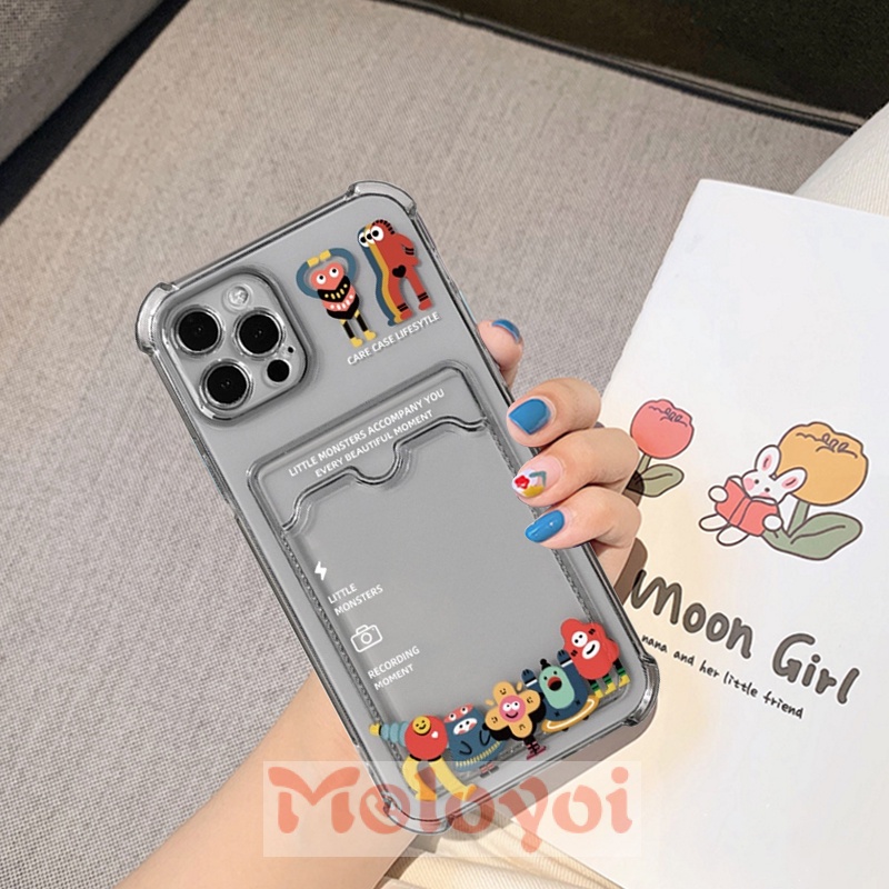 Soft Case Tpu Transparan Shockproof Kartun Monster Kecil Holder Kartu Kredit Untuk Iphone 6 6s 7 8 Plus 11 12 13 Pro Max Xr X Se 2020 Xs Max