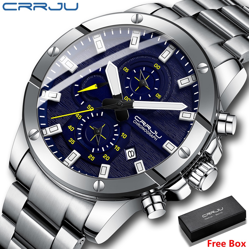 [ COD ] Jam Tangan Pria Original CRRJU 2296 Fashion Kalender Quartz Business Waterproof Casual Watch Jam bercahaya kronograf olahraga pria