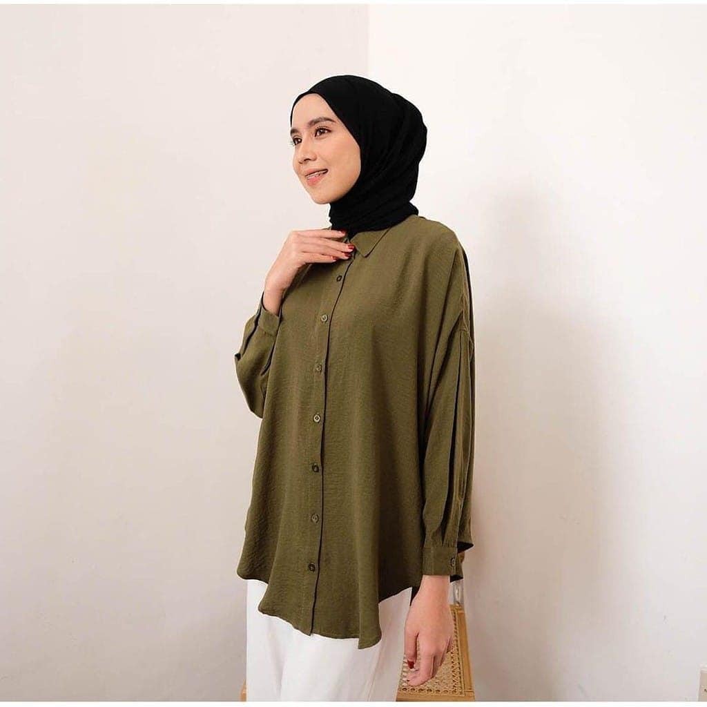 KEMEJA BASIC POLOS RAYON -  KONINA BLOUSE KOREAN STYLE FULL KANCING HIDUP - KEMEJA WANITA LENGAN PANJANG  <-Army
