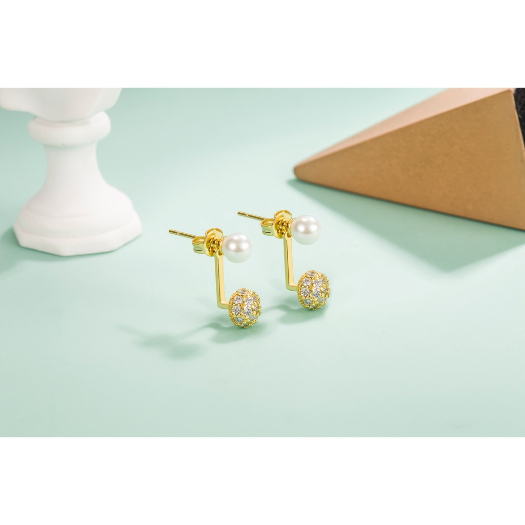 Anting Tusuk Sterling Silver 925 Desain Bulat Hias Mutiara + Berlian Imitasi Untuk Wanita