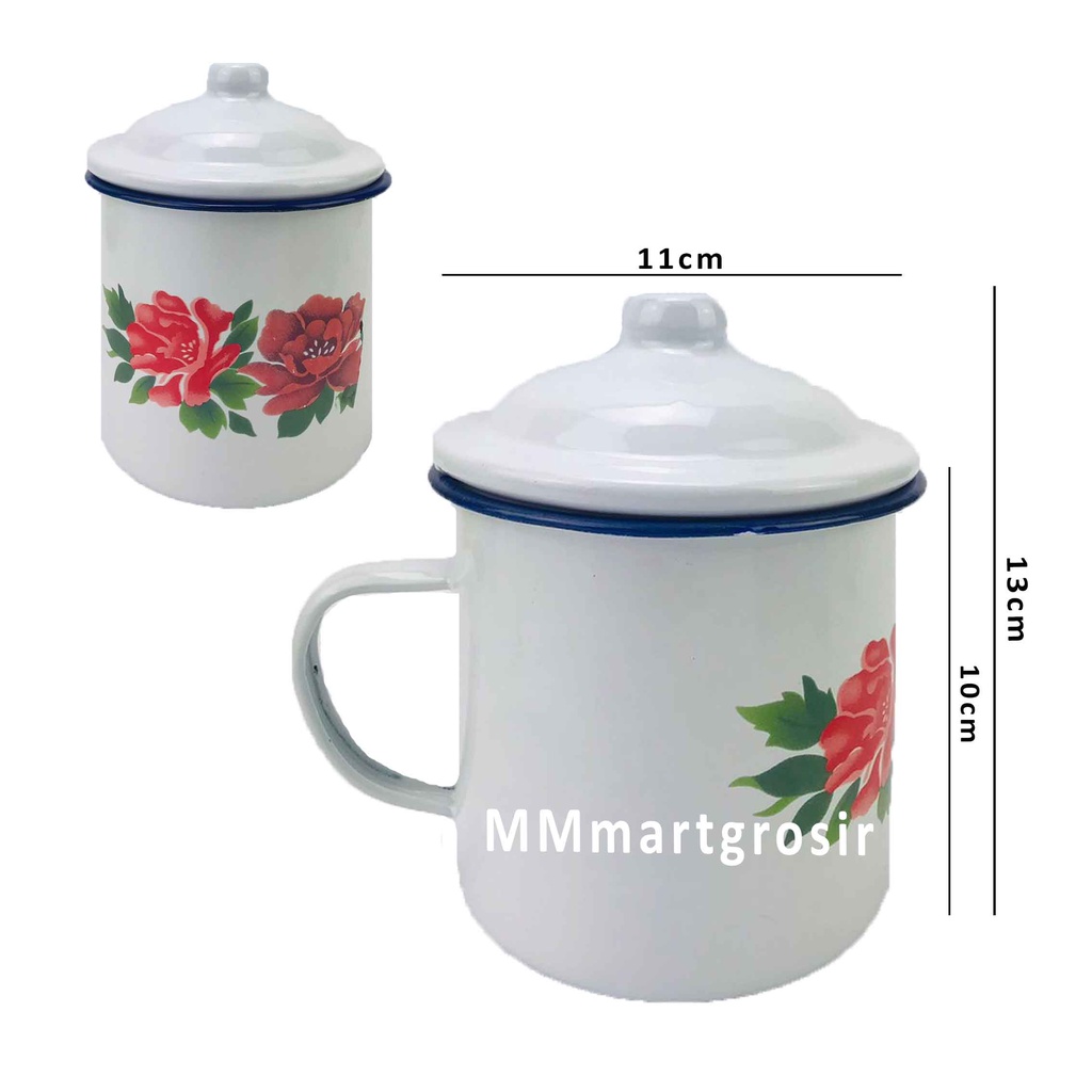 Mug Enamel + Tutup / Cangkir Seng Jadul / Cangkir Motif Bunga / Mug Bermotif